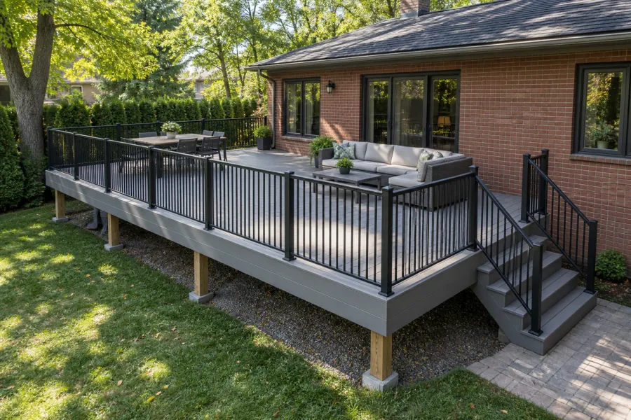 A spacious grey composite deck with dining and lounge areas, black guards and a side stair beside a brick house