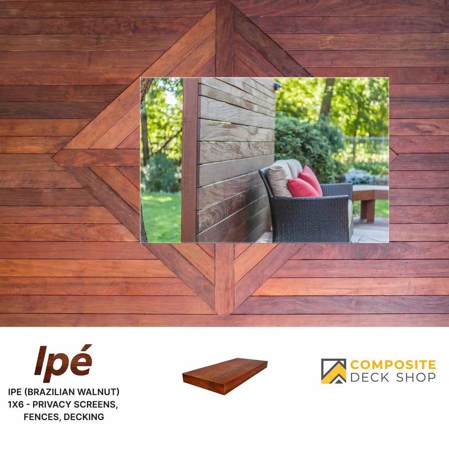 Ipe decking pattern and a privacy screen beside outdoor seating