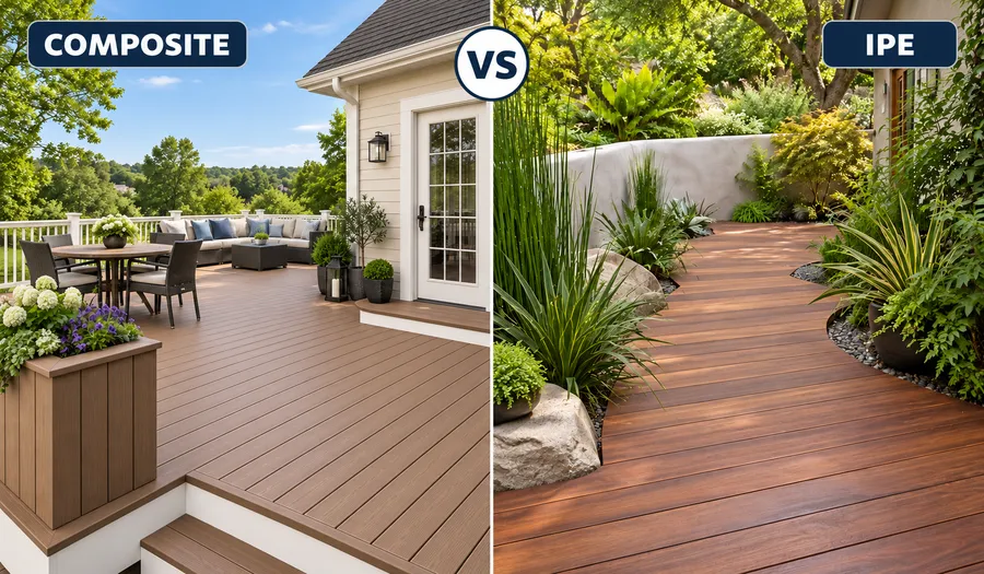 Side-by-side illustration of a brown composite deck on the left and an Ipe garden walkway on the right