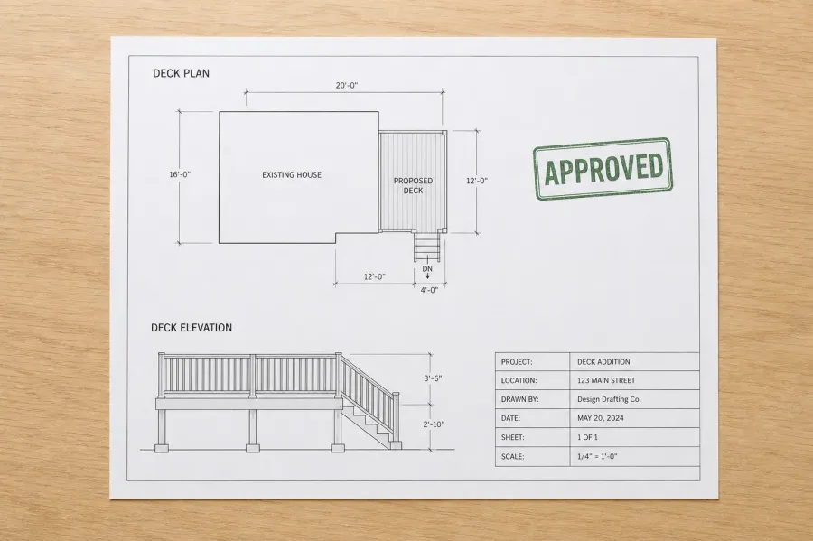 Approved deck permit plan with a deck schematic and elevation