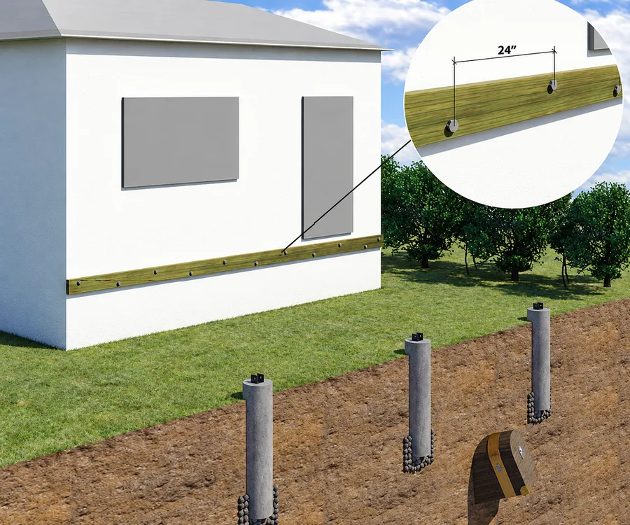 Three concrete piers shown in a ground cutaway beside a house ledger, with an enlarged ledger-fastener inset