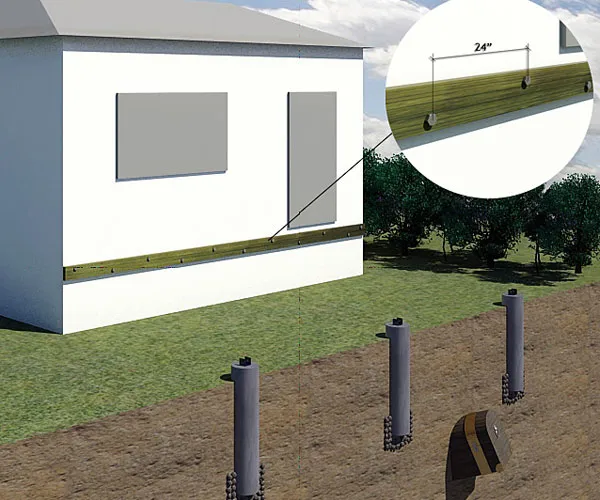 Original illustration: Three concrete piers shown in a ground cutaway beside a house ledger, with an enlarged ledger-fastener inset