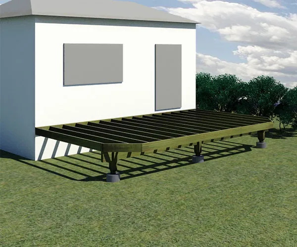 Original illustration: Open deck frame beside a house, showing parallel joists, a perimeter rim and a beam supported by posts on concrete piers