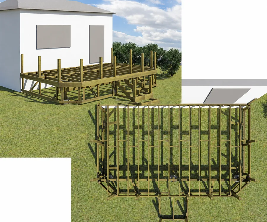 Perspective and overhead views of the deck frame with guard posts, blocking and a stair opening