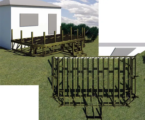 Original illustration: Perspective and overhead views of the deck frame with guard posts, blocking and a stair opening