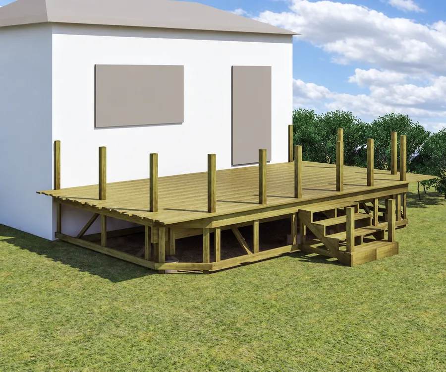 Decking boards installed over the frame, with unfinished guard posts and stairs still visible