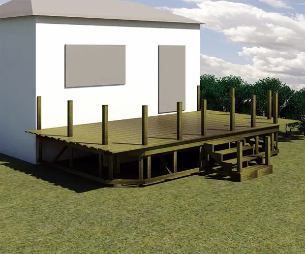 Original illustration: Decking boards installed over the frame, with unfinished guard posts and stairs still visible
