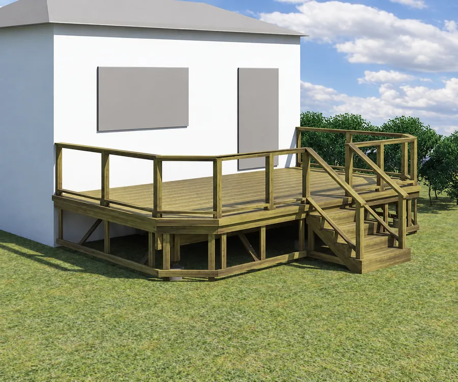Wood deck with top and bottom rails around the platform and along the stairs, before railing infill is installed