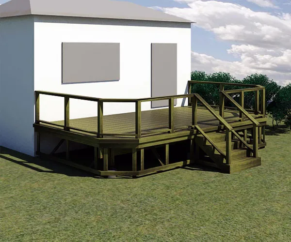 Original illustration: Wood deck with top and bottom rails around the platform and along the stairs, before railing infill is installed
