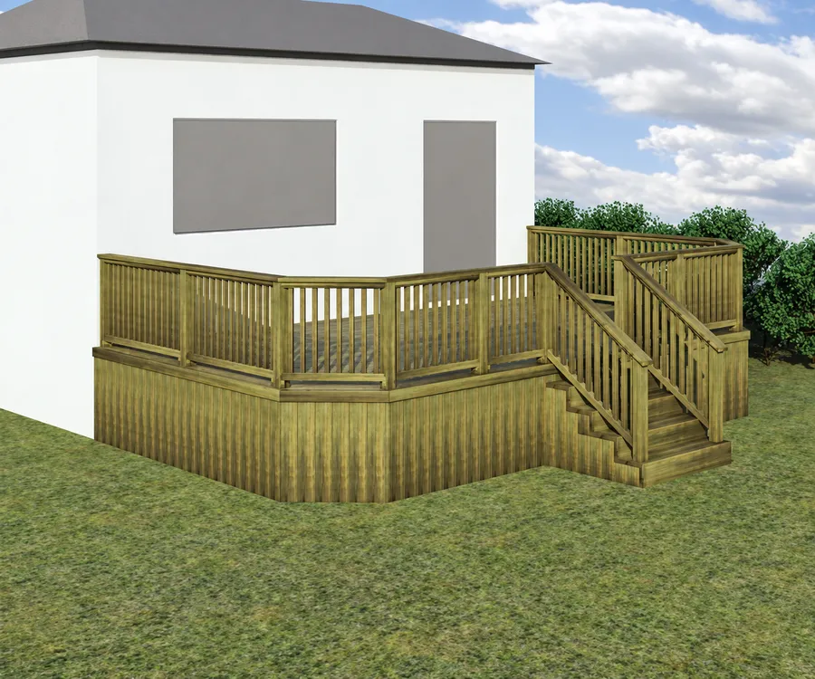 Completed example deck with vertical railing infill, perimeter skirting and stairs beside a house