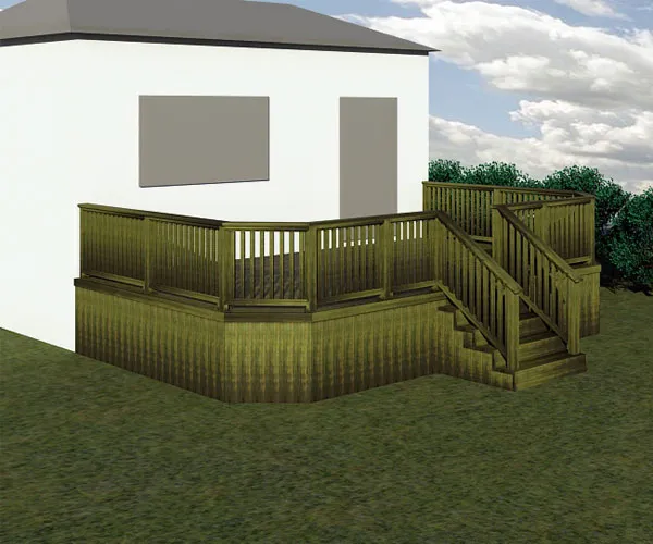 Original illustration: Completed example deck with vertical railing infill, perimeter skirting and stairs beside a house