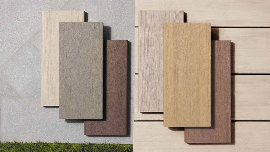 TimberTech deck boards in brown, tan, and grey tones laid next to and on top of each other