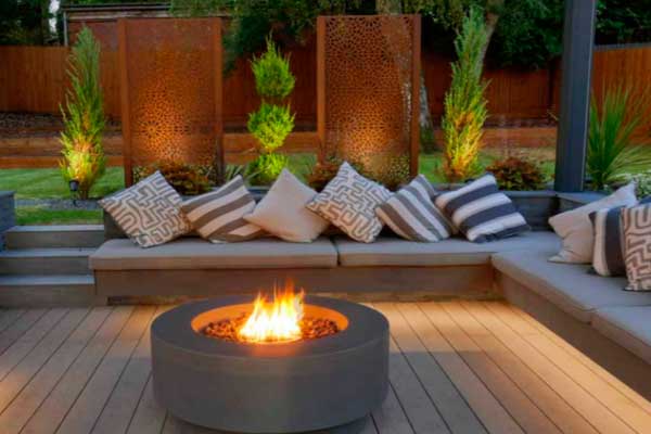 deck lighting with a fireplace